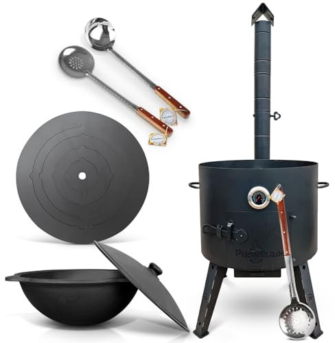 Utschak Uchag - Horno de fuego de 49 cm de diámetro, 2 mm, acero 4 mm, Kazan 22 L, base redonda con termómetro espumadera para cucharón Plov Учак Учаг Uchag Asia казан (Set 534)