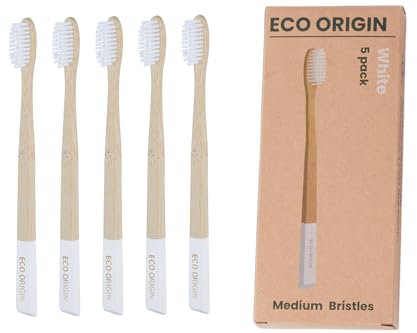 Eco Origin Bamboo Toothbrush with Medium Bristles - 100% Biodegradable Handle - Plastic Free & Recyclable Family Pack - Eco-Friendly Premium Wooden for Kids & Adults - 5 Pack White