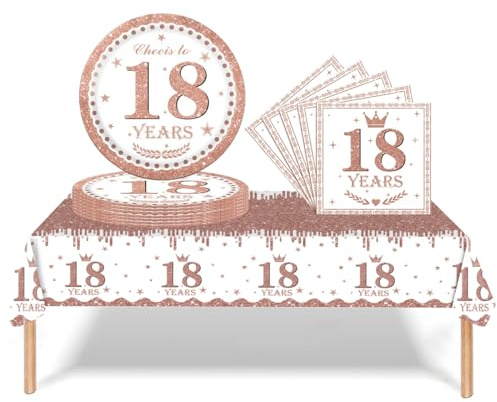 37Pcs 18th Birthday Tableware Set Rose and Gold,18th Birthday Decorations with Party Paper Plates and Napkins,Plastic Table Cloth for Her girls Happybirthday Table Decoration Dinnerware Supplies