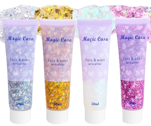 Body Glitter Gel,4 Farben Mermaid Sequins Chunky Glitter Liquid Kit,Glitter Liquid Lidschatten Body Lotion,Glitter Sequins Chunky,Glitter Liquid Gel für Gesicht Haare Lippen Nägel Make Up Kosmetik