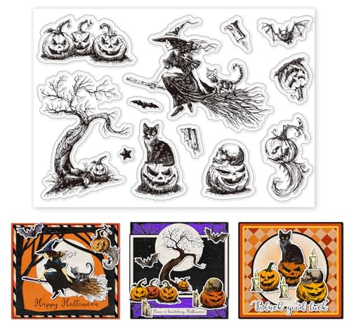 INFUNLY 10 transparente Stempel Mit Halloween Hexe Zum Gestalten von Karten 6.3x4.3 wiederverwendbare Kürbis Silikonstempel Schwarze Katze Transparente Siegelstempel Fledermäuse Transparente Gummiste