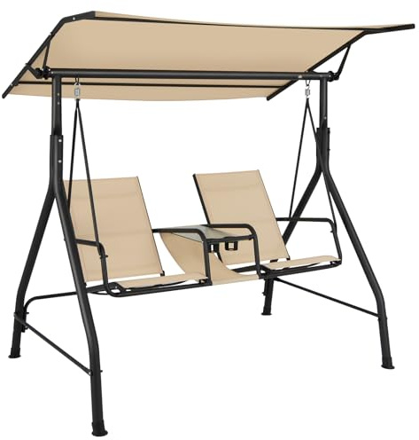 RELAX4LIFE 2 Seater Patio Swing Chair, Outdoor Porch Swing Bench Hammock Seat with Adjustable Canopy and and Tempered Glass Table, Garden Swing Loveseat for Backyard Poolside