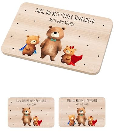 Bärenfreunde - Individuelles Holzbrett mit hochwertigem Spezial-Druck für Kinder - Personalisiertes Frühstücksbrettchen - Niedliche Motiv-Brettchen mit Namen (Papa UNSER Superheld)