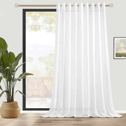 MRTREES Cortinas Blancas Dormitorio de Lino Translucidas con Ojales 1 Pieza 300x240 CM, Cortina Lino Moderna Extra Ancha para Salon Comedor, Visillo Elegante para Ventanas Grandes