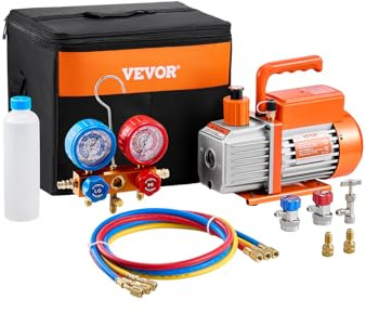 VEVOR 3,5 CFM Bomba de Vacío y Manómetro de Aire Acondicionado de Una Etapa Kit de Manómetro de Colector de Refrigerante de Aire Acondicionado con Mangueras para R134a R12 R22 R502a R410A R404 R407C