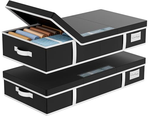 LAMU 2 Pack Under Bed Storage, Large Fabric Underbed Storage Boxes with Lid, Foldable Stackable Storage Box with Clear Window & 4 Handles for Clothes, Blanket, Shoes, Black, 80 * 40 * 15cm