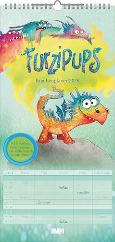 DUMONT - Planificateur familial Furzipups le dragon Knatterdragon 2026 – 22 x 45 cm – Calendrier mural avec 5 colonnes et illustrations amusantes, calendrier familial pour enfants