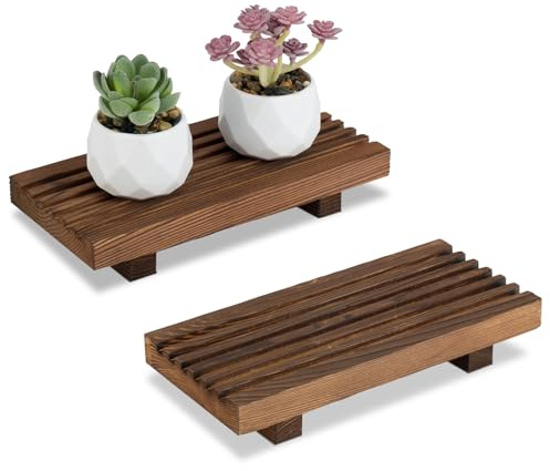 RETON Wood Soap Tray Set, Wooden Bath Tray Pedestal Display Risers Stand for Kitchen Sink Counter, Wooden Candle Pallets Bathroom Accessories (2, S)