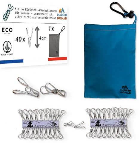Dry Hard 40 kleine Edelstahl Wäscheklammern mit Wäscheklammerbeutel und Karabiner. Für Waschküche, Wäscheleine, Wäschespinne. Robuste und langlebige Wäscheclips Für Camping Zubehör, Vanlife, Outdoor