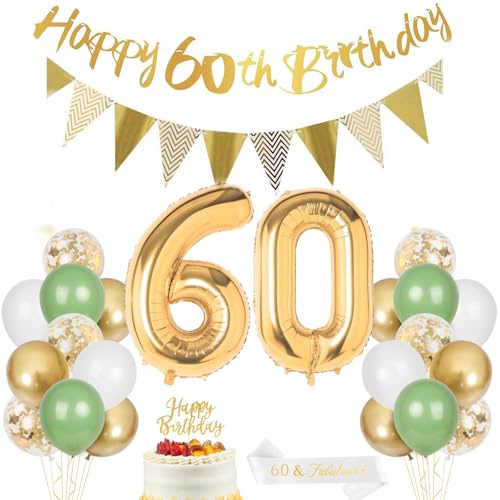 60th Birthday Decorations for Women Men, Sage Green Gold White Balloons Decoration, Happy 60th Birthday Banner, Number 60 Foil Balloon, Sash, Cake Topper for 60 Party Decor