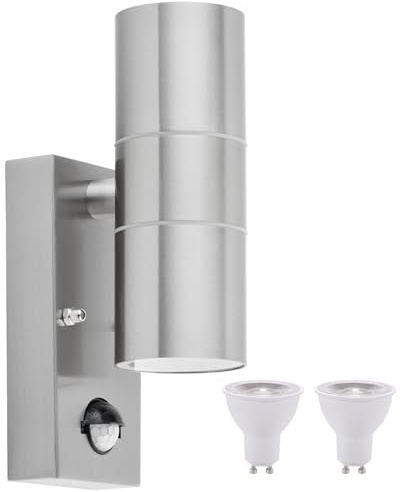 qfzwj Aussenlampe mit Bewegungsmelder,Up down,2x GU10,Edelstahl,Silber | IP65 wasserdichte 230V Wandleuchte für Garten Terrasse