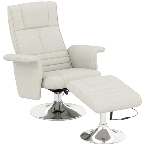HOMCOM Fauteuil Relax massant par Vibrations avec Pouf, Fauteuil TV avec Fonction Chaise Longue, siège pivotant à 360° Assise rembourrée Confortable, pour Salon, Chambre, Tissu Effet Lin, crème