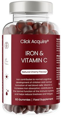 Iron and Vitamin C Gummies for Kids & Adults | 7mg Gentle Iron, 20mg Vitamin C Chewable | Vegan Natural Cherry Flavour | 2 Month Supply