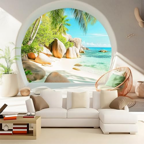 Fotomurales no tejido Paisaje de palmeras en la playa 350x256 cm Papel Pintado Decoración de Pared Murales póster efecto 3D, Decorativos Murales para Dormitorio Salón TV Pared