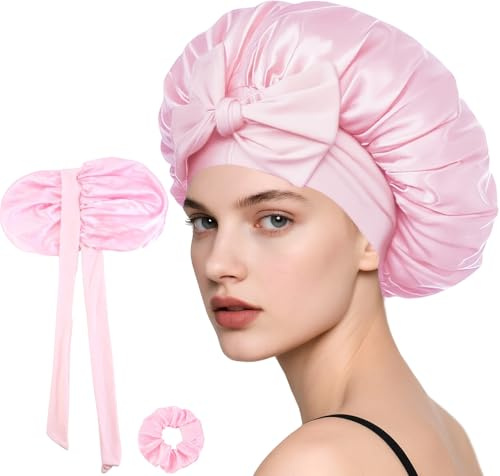 Loomify Satäng Sovmössa, Justerbar Sidenmössa för Hårvård, Dubbelsidig Satängbonnet med Scrunchie för Kvinnor (Rosa)