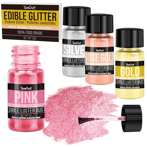 Edible Glitter Set, 4 Colors Luster Dust Edible Powder for Cake Decorating, Food Grade Vegan Edible Glitter for Drinks, Cocktails, Shimmer Metallic Food Coloring Powder for Chocolate(5g/Bottle)