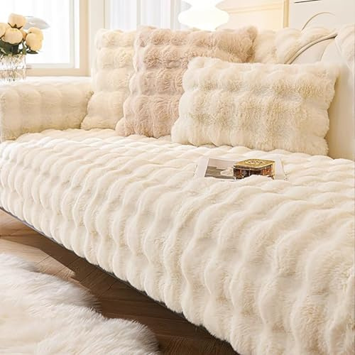 VFDC Kaninchen Plüsch Sofa Überzug, Sofabezug L Form 1/2/3/4 Sitzer, Couch Überzug Weiche Pflegeleicht, Sofaschoner rutschfest Kratzfest Hund Katze, Milchweiß, 90×160cm