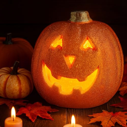 Halloween Deko Kürbis Laterne, Halloween Deko Outdoor Kürbisse Lichter, LED Kürbis Laterne, Leuchtender Kürbisdeko Ornament für Helloween Außen Innen Herbstdeko Tischdeko Garten Party (D)