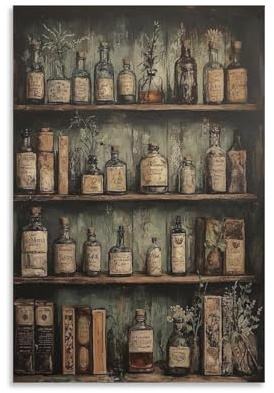 Estante de boticario antiguo para Halloween, botella de vidrio vintage, pinturas artísticas oscuras, lienzo, impresiones en lienzo, obras de arte para sala de estar, dormitorio, baño, oficina