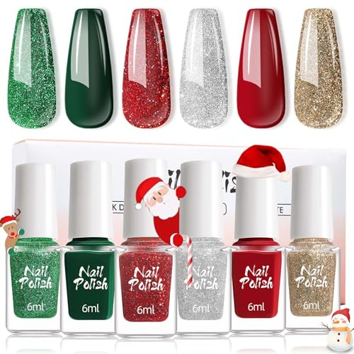 Clawrex Weihnachten Nagellack, 6 Farben Wasserbasierter Nagellack Set, Wasserbasierter Nail Polish, Schnell Trocknend Ungiftig, Ohne UV-Lampe, Nail Polish Gel Kit für Chrismas DIY Nageldesign