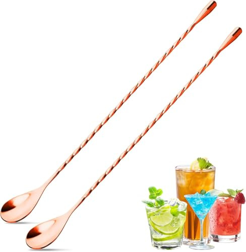 Hujiedian 2 cucharas de barra de 12 pulgadas, agitadores de mezcla de mango largo para bebida, cuchara coctelera de barra de acero inoxidable (oro rosa)
