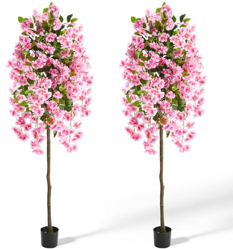 Daifunli 2 Pcs 5 ft Artificial Cherry Blossom Tree Spring Lifelike Decorative Cherry Blossom Plant in Pot Fake Floral Blooming for Indoor Outdoor Home Office Porch Patio Wedding Decorations(Pink)