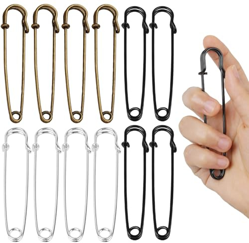 12 spille di sicurezza grandi, 10 cm, extra large con chiusura a molla, per vestiti, trapunte, artigianato, charms, coperte, gonne, sciarpa, pelle, tela (argento, rame, nero)