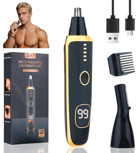 Beanify Tondeuse Nez et Oreilles 2 en 1 avec Écran LED, Tondeuse Nez Rechargeable USB-C Indolore pour Homme et Femme, Coupe-Poils Nez, Oreilles, Sourcils et Visage, Facile à Nettoyer (Noir)