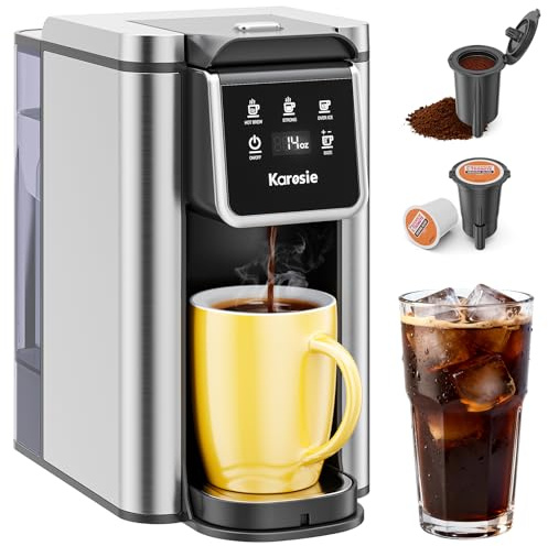 Karosie K Cup Coffee Maker, Hot & Iced Coffee Maker for K Cup and Grounds, 6-14 Oz Brew Sizes, 50oz Removable Tank, Single Cup Coffee Maker with Descaling Reminder, Stainless Steel, Black
