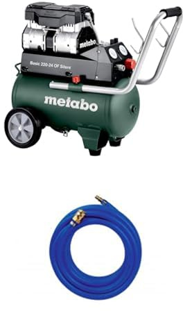 metabo Kompressor Basic 220-24 OF Silent - 24L Kessel, 8 bar Druck, 110 l/min Füllleistung - Ölfrei, leise, mobiler Werkstatt-Kompressor für Heimwerker & Profis - Inkl. Druckluftschlauch 10 m