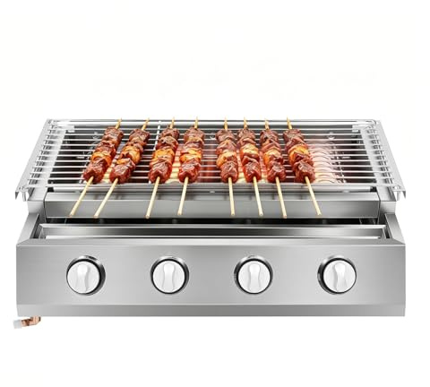 Bärbar gasbryggare i rostfritt stål, professionell gasgrill med grillgaller, 4 brännor i rostfritt stål, grillyta ca 55,8 x 23,2 cm, justerbar höjd avtagbar, grill-gasgrill för camping balkong