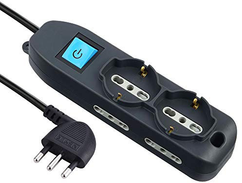 Electraline 62000 Multipresa 6 Posti 2 Schuko e 4 Bivalenti 10/16A, Cavo HO5 VV-F, Spina 16A, Nero, 1.5 M, Sicurezza Bambini