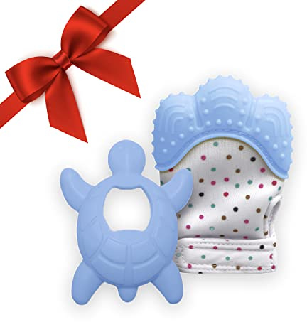 Liname Baby Handschuh Zahnen Fäustlinge mit BONUS Beißring - Safe (BPA frei), waschbar und langlebig Zahnen Handschuh (Teething Mitten)