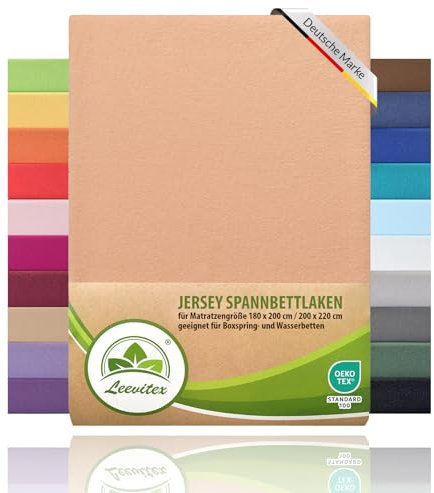 Boxspringbett & Wasserbett Spannbettlaken von leevitex® | Spannbetttuch | ÖKO-TEX | 180x200 – 200x220 cm | 100% Jersey-Baumwolle | 150 g/m² | 40 cm Steg | Leinen/Apricot