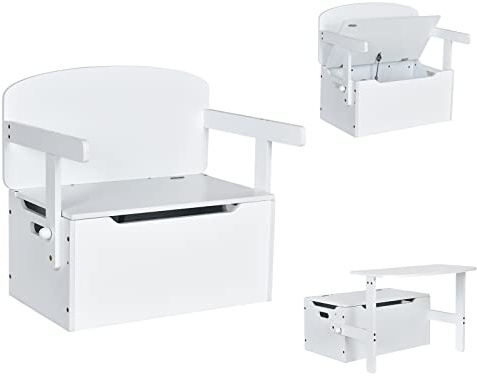 RELAX4LIFE 3 en 1 Baúl Juguetes Infantil de Madera, Juego de Mesa y Silla Infantil con Banco Convertible, Caja Almacenaje, Respaldo y Reposabrazos, Mesa y Sillas para Niños 3-7 Años (Blanco)