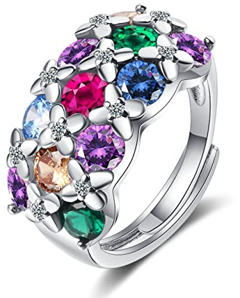 Bishilin Verlobungsring 925 Silber Verstellbar, Damen Ring Blume mit Bunt Zirkonia Eheringe Partnerring