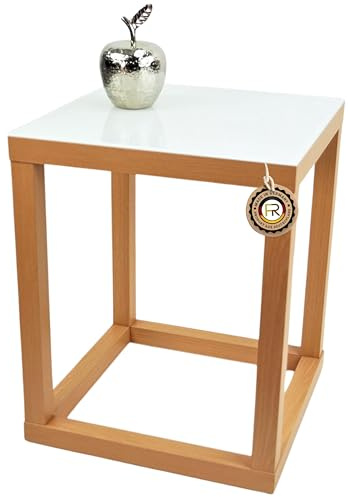 freeroom24, Beistelltisch, Wohnzimmertisch, Couchtisch, Coffee Table, Kleiner Kaffeetisch, Blumenhocker, Blumensäule, Cube, Holzoptik Buche Nachbildung, Glas weiß, 40 x 40 x 50cm, Made in Germany