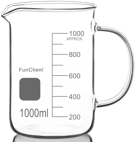 FunChem Beaker with Handle, 1000 ml Borosilicate Glass, Clear, Graduated, Low Shape, Beaker with Spout