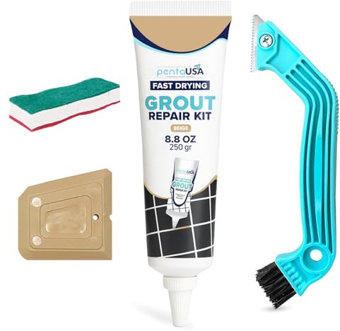 Grout - Ready Mixed Tile Grout - Sponge, Remover Saw and Scraper Set - Perfect for Bathroom, Kitchen, Floor Tiles (250g / Bundle Set) (Beige)