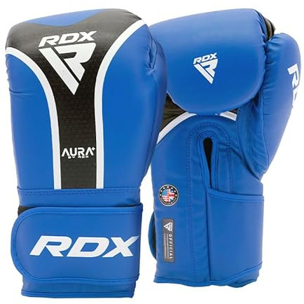 RDX Aura Plus T-17 Boxing Gloves – Maya Hide Leather, MG-3 Padding & Max-Shock Foam for Training, Sparring, Kickboxing & Muay Thai – Quick-EZ Strap – Blue 14 Oz
