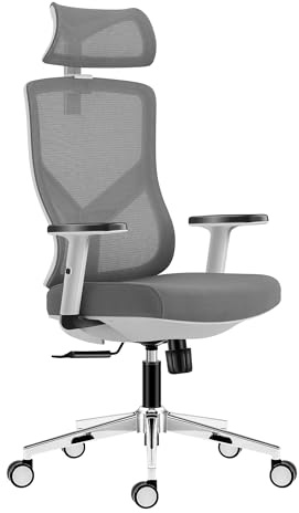 MARK ADLER Manager 3.3 White | Ergonomischer Bürostuhl Drehsessel Chefsessel | 130 kg belastbar | Höhenverstellbar | Verstellbare Armlehnen Rückenlehne Kopfstütze | Stoff | Homeoffice Büro | Grau