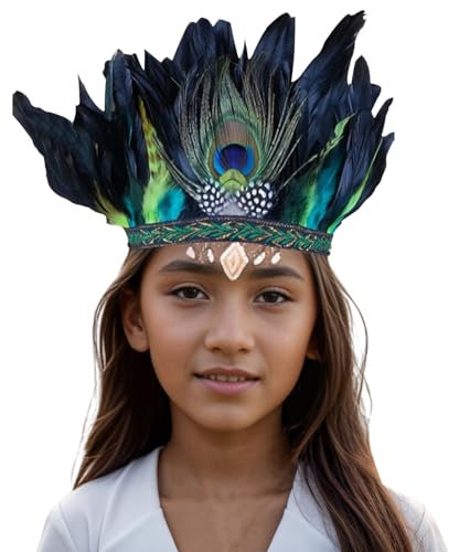 Fasching Kostüm Damen Kinder, Stirnband Indianer mit Federn Damen Kinder Indianer Kopfschmuck Bunt Feder traditionellen Stil Nordamerikanischer Indianer Haarband Karneval Fasching Haarschmuck