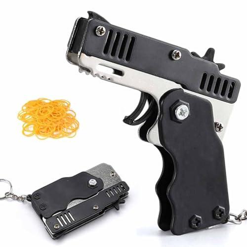 1 PCS COLLAPSIBLE MINI METAL RUBBER BAND GUN WITH KEYCHAIN AND 60+ RUBBER BANDS,RUBBER BAND GUN MINI KEYCHAIN FOR SHOOTING GAMES KIDS OUTDOOR ACTIVITIES(BLACK)