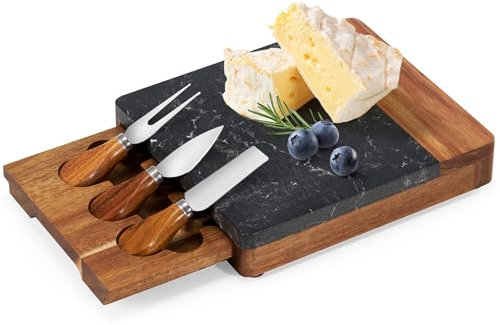 COCOBOSS Premium Käsebrett aus Akazienholz mit Marmor-Oberfläche – inkl. Käsemesser-Set – Elegantes Charcuterie Board für Käse, Antipasti & Weinabende (Schwarz)