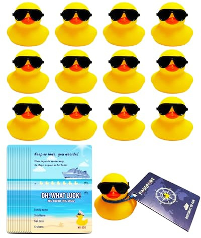 Artreeiger 12 Cruise Duck Tags Set Includes 12 Cruise Rubber Ducks with Sunglasses for Cruise Ships 12 Cruising Duck Tag Card 12 Rubber Bands for Hiding Carnival Cruise Ducking Game Party