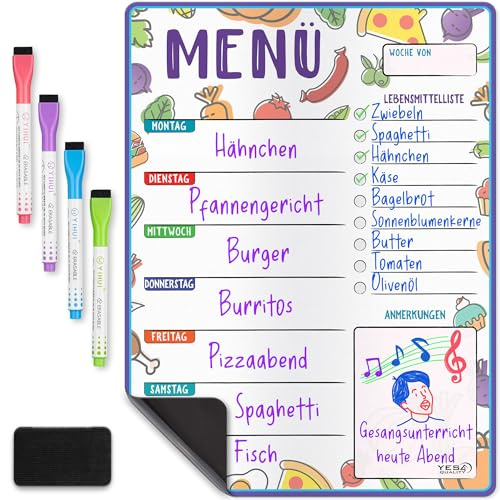 Tableau menu magnétique effaçable sec A3 pour réfrigérateur - 40 x 30 cm - Tableau corvées magnétique Planificateur repas hebdomadaire - 4 marqueurs + 1 chiffon nettoyage - Yes4Quality