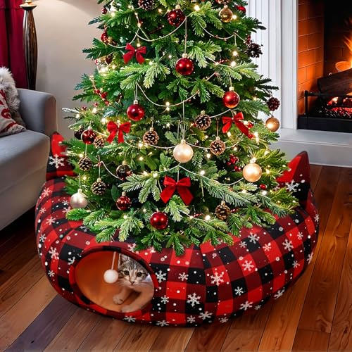 GUDELAK Katzentunnel, Weihnachtsbaumrock, exquisiter Katzenbett-Tunnel mit hängendem Ball, Büffelkariert, Weihnachtsbaumkragen, Katzenhöhle für Haustier, Innen- und Außenbereich, Dekorationen