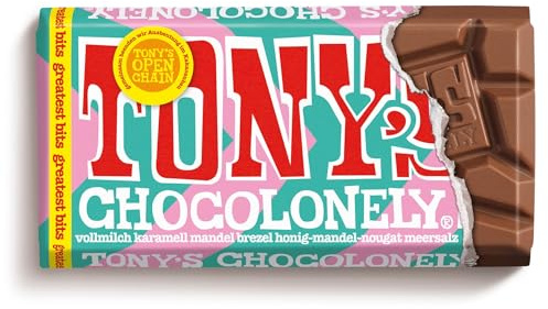 TONY'S CHOCOLONELY – Greatest Bits 90 g - Fairtrade Vollmilchschokolade mit Karamell, Mandeln, Brezel, Honig-Mandel-Nougat & Meersalz. Ohne Palmöl, hergestellt in Belgien