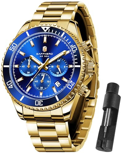 SAPPHERO Orologio Uomo Analogico Al Quarzo Cronografo 50M Impermeabile Moda Sportivo Elegante Classico Orologio da Polso Uomo Cinturino in Acciaio Regalo per Uomo