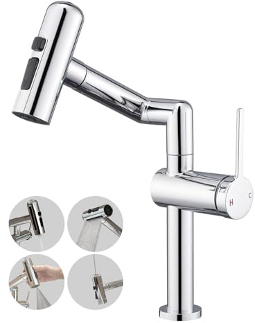 Basin Tap – Single Handle Bathroom Sink Tap with 360° Swivel, Height Adjustable, Hot & Cold Water Mixing & 4 Water Outlet Modes | Suitable for Bathroom Basins & Kitchen Sinks (Chrome)